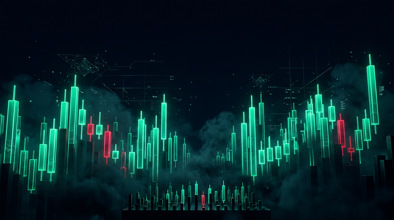 A cinematic conceptual render of a nocturnal city skyline built from tall glowing emerald teal candlestick towers with a few crimson red towers, and a cluster of much smaller scaled down candlestick towers standing in the foreground beside the giants, wrapped in volumetric fog against a deep navy background
