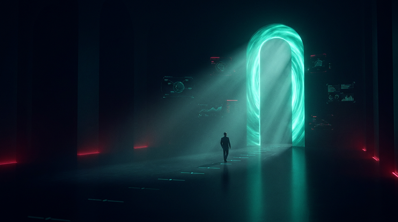 A cinematic conceptual render of a lone figure in a suit seen from behind walking a long dark hall toward a towering glowing archway of emerald teal light, with faint teal marker lines spaced at intervals along the floor between the figure and the arch