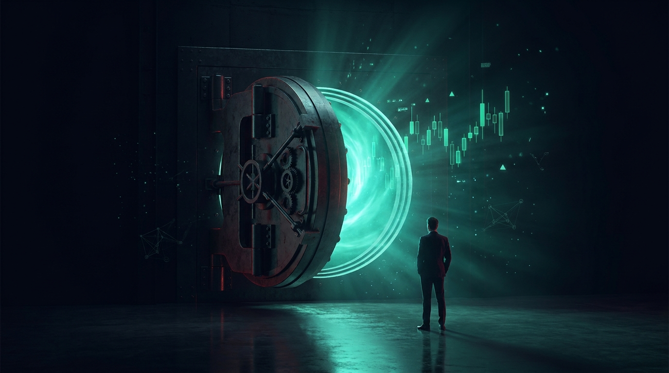 A cinematic conceptual render of a lone figure in a suit seen from behind standing at a distance from a massive circular vault door that is partially open, emerald teal light spilling from the seam with holographic candlestick shapes drifting out into a dark cavernous hall