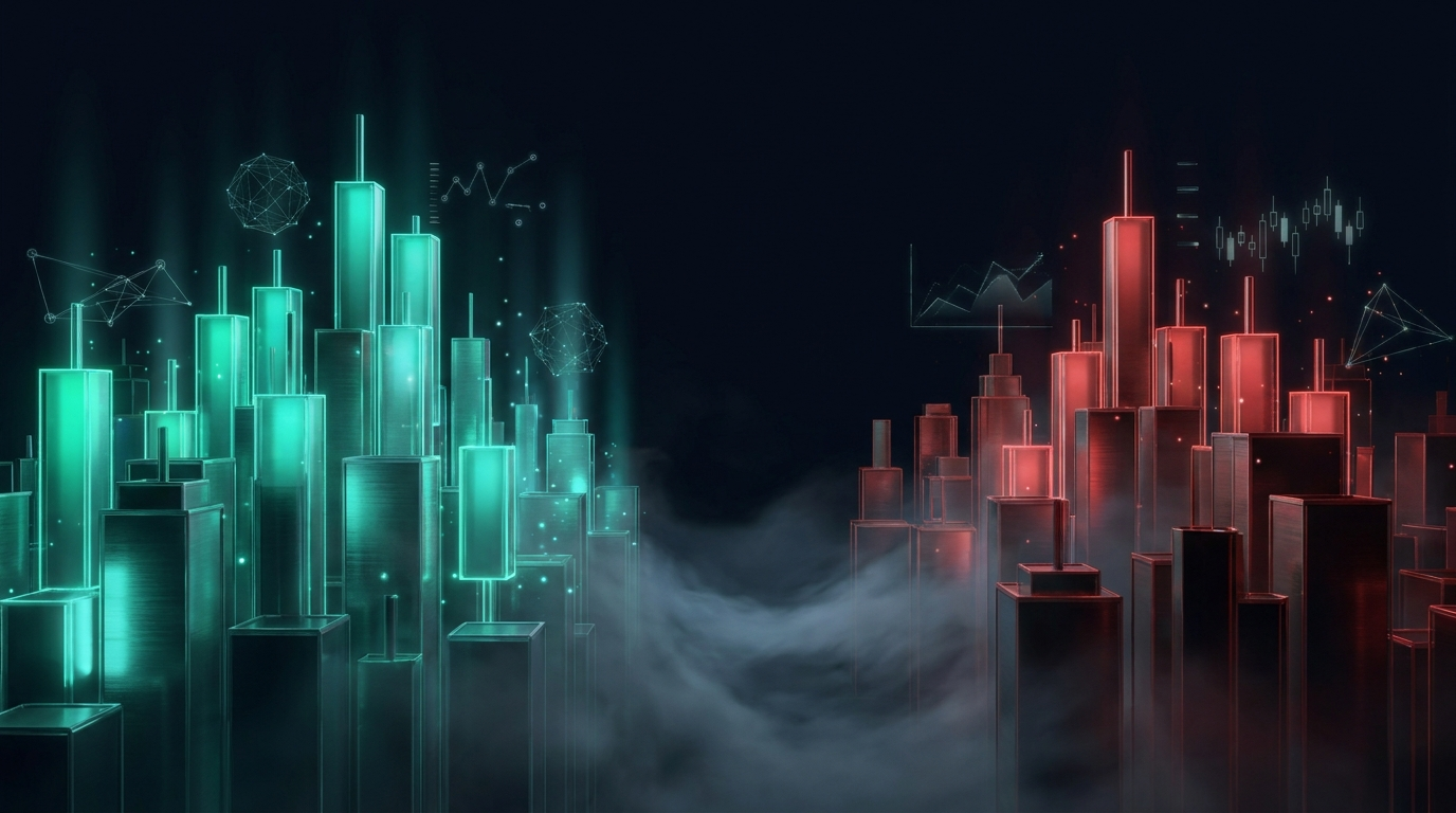 A cinematic conceptual render of a nocturnal skyline built from towering candlestick buildings, a dense cluster of glowing emerald teal towers facing an opposing cluster of crimson red towers across a dark fog filled canyon, with holographic wireframe nodes drifting above the rooftops