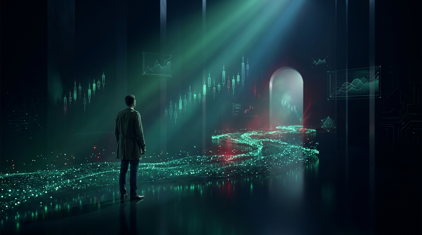 A cinematic conceptual render of a slow river of emerald teal light particles flowing across a dark reflective floor toward a distant glowing archway, with a lone suited figure seen from behind standing still at the edge of the stream watching it pass