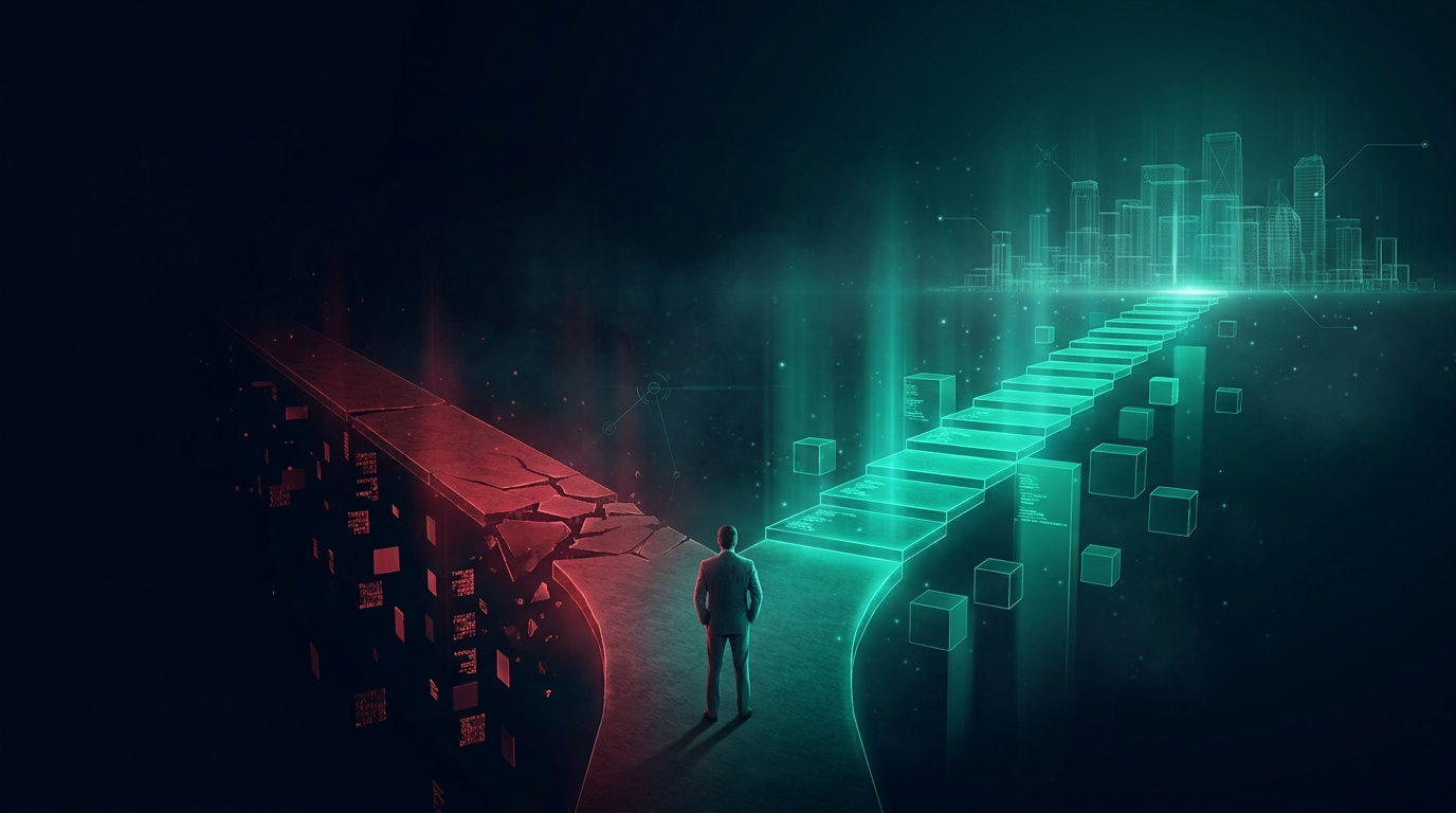 A cinematic conceptual render of a lone suited figure seen from behind, small in frame, standing where two glowing pathways diverge: a crimson red path of crumbling falling data blocks on the left and an emerald teal path of orderly rising data steps leading toward a faint city skyline on the right