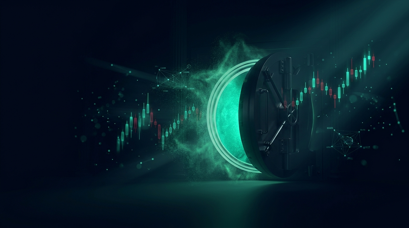 A cinematic conceptual render of a massive circular vault door standing half open in a dark cavernous hall, revealing a dense solid glowing emerald teal core inside while a softer halo of emerald particle haze dissolves outward into the deep navy darkness