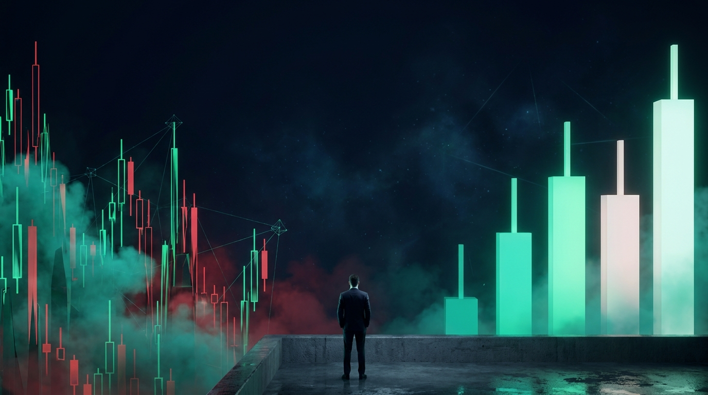 A cinematic conceptual render of a nocturnal skyline split into two districts, a dense cluster of small jagged candlestick towers wrapped in fog on one side and a few enormous smooth candlestick skyscrapers on the other, with a lone suited figure seen from behind on a dark overlook between them