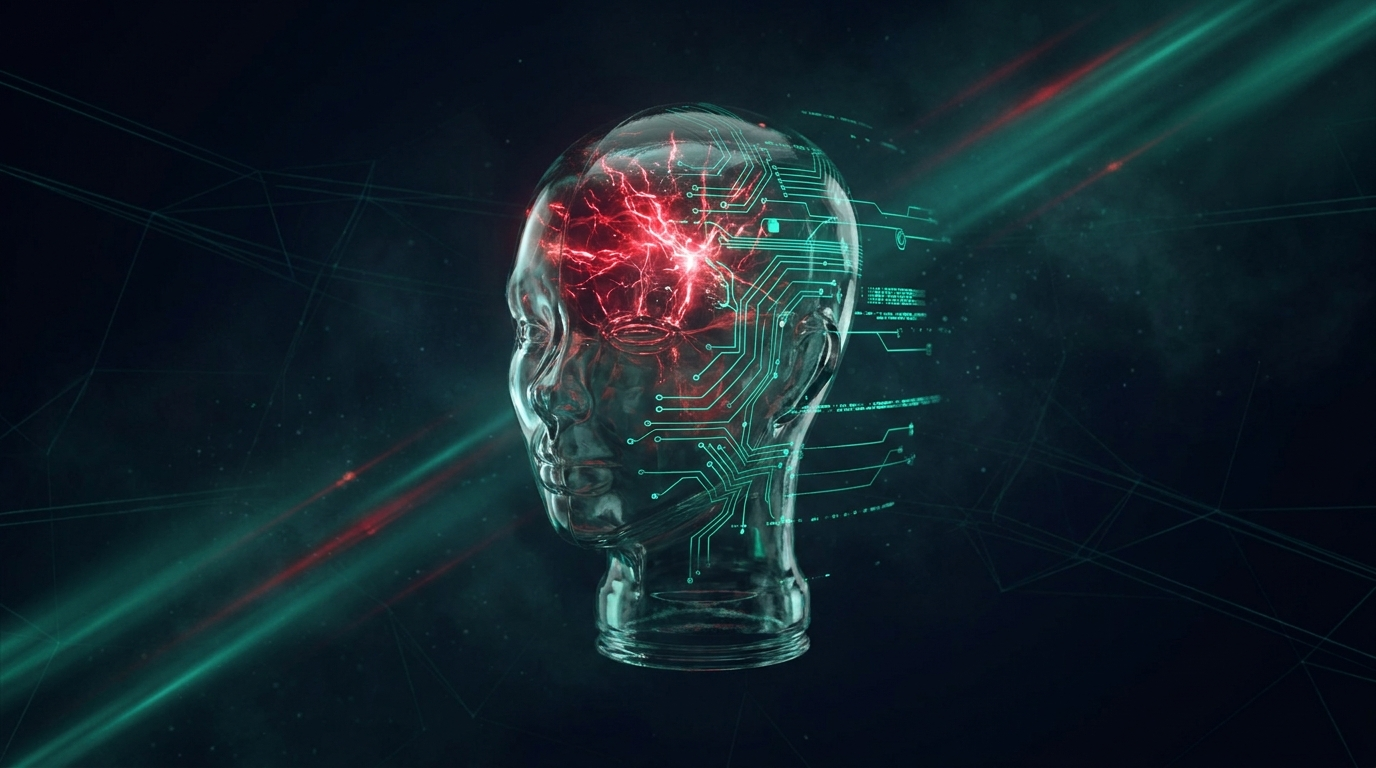 A cinematic conceptual render of a translucent glass human head floating in dark space, with chaotic crimson red neural sparks firing through one half and calm orderly emerald teal circuit traces flowing through the other