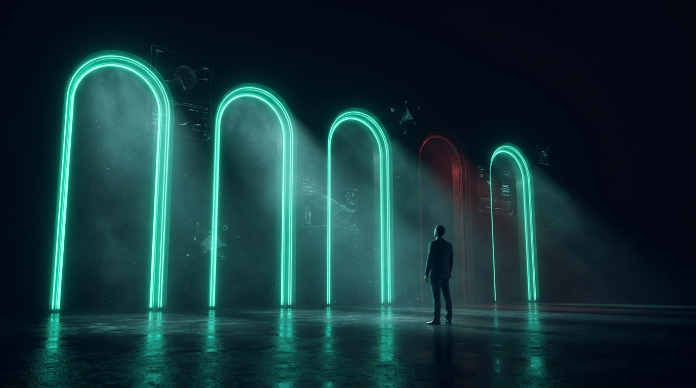 A cinematic conceptual render of a row of towering glowing emerald teal archways standing in a vast dark hall, one archway lit crimson red, with a lone suited figure seen from behind deciding which one to walk through