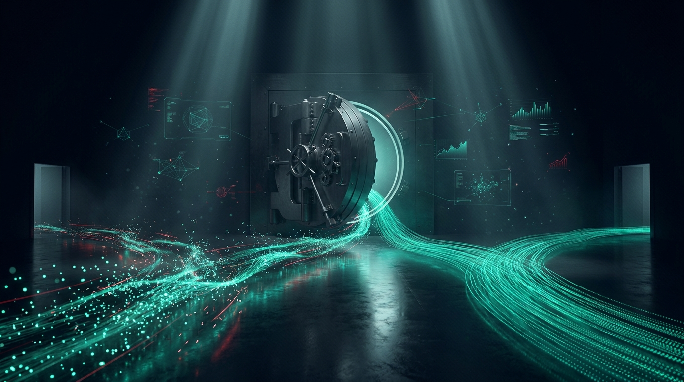A cinematic conceptual render of a massive circular vault door standing open in a dark hall with two separate rivers of emerald teal light particles flowing outward and diverging across a reflective floor toward two different distant exits