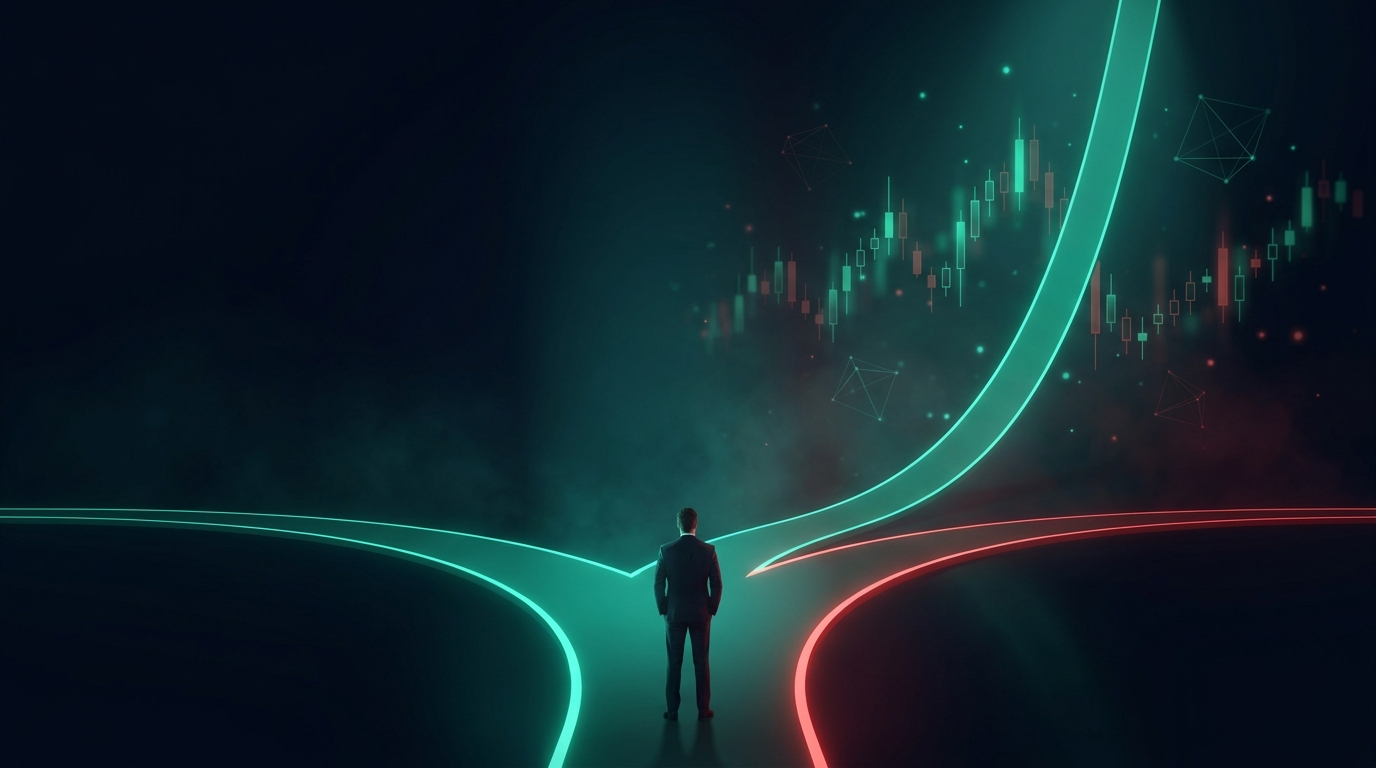 A cinematic conceptual render of a lone figure seen from behind standing where a single glowing path splits into two symmetrical diverging light roads, one arcing upward in emerald teal and one arcing downward with a crimson edge, against a deep navy background