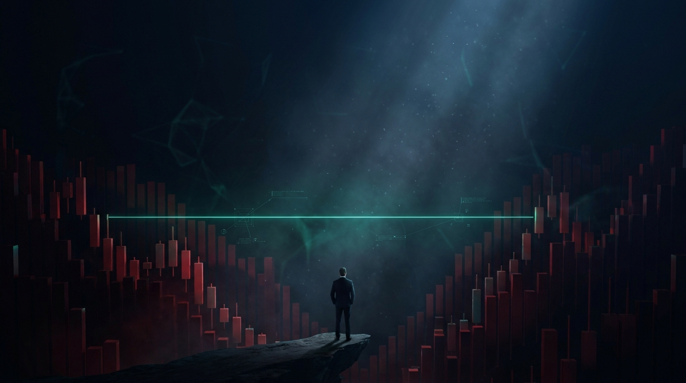 A cinematic conceptual render of a lone figure seen from behind on a ledge looking down into a deep canyon walled with descending crimson price blocks, a single thin emerald teal line holding level across the middle, deep navy atmosphere