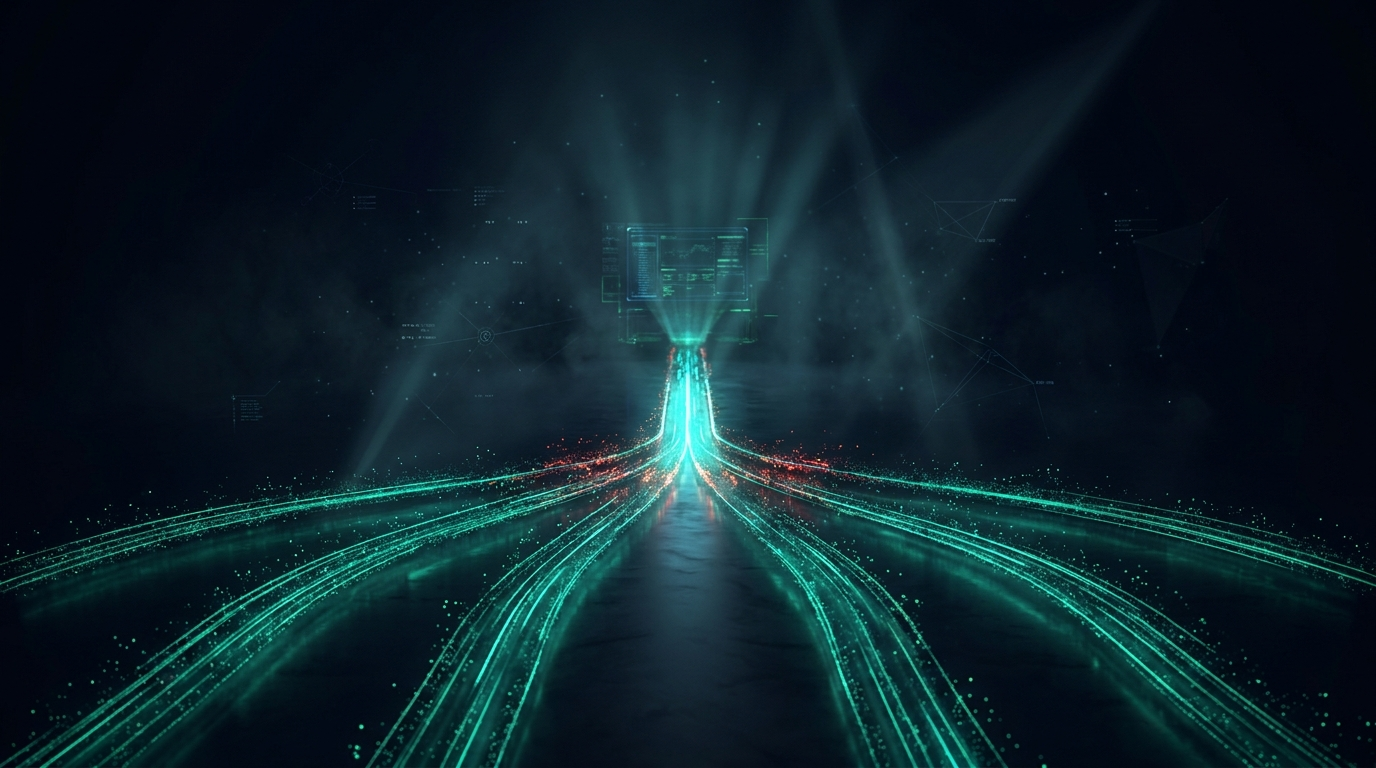 A cinematic conceptual render of five separate rivers of emerald teal particles flowing across a dark reflective floor and converging into one dense bright channel edged with crimson, narrowing toward a distant holographic terminal in deep navy darkness
