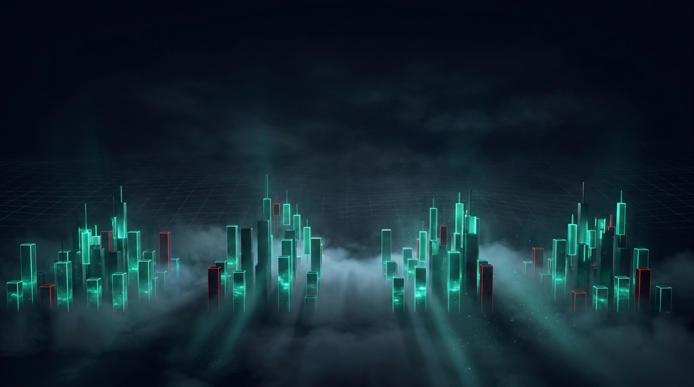 A cinematic conceptual render of a nighttime skyline built from tall rectangular price-bar towers grouped into four separate districts, most glowing emerald teal with a few crimson, rising out of low fog against a deep navy sky