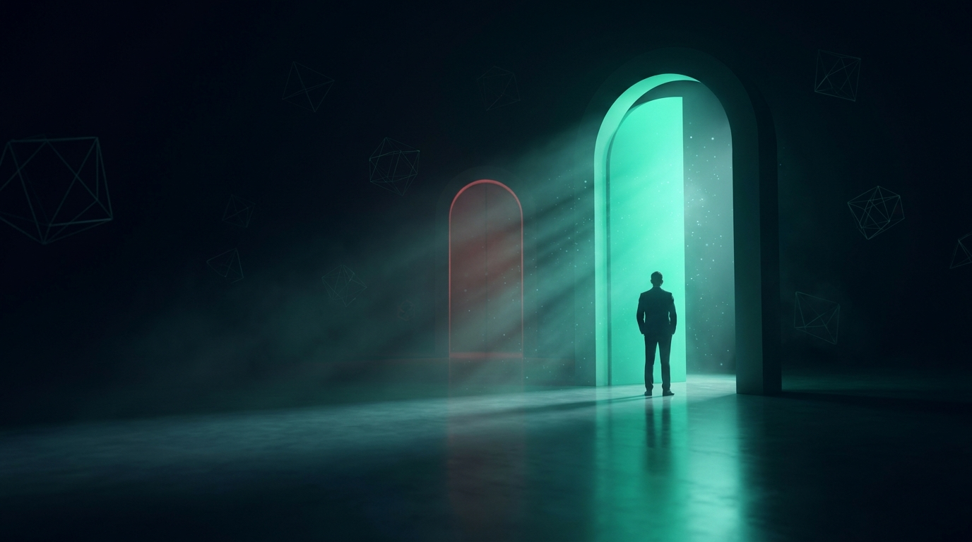A cinematic conceptual render of a lone suited figure shot from behind in a vast dark hall facing two towering arches of light, the near one open and glowing emerald teal, the far one closed and glowing faint crimson
