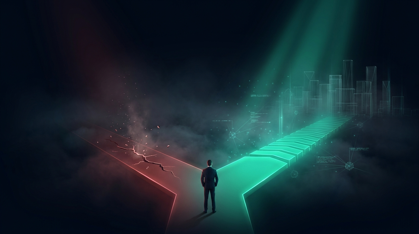 A cinematic conceptual render of a lone suited figure shot from behind standing at the split of two glowing paths, the left cracked and crimson with crumbling fragments, the right solid emerald teal climbing toward a faint wireframe skyline