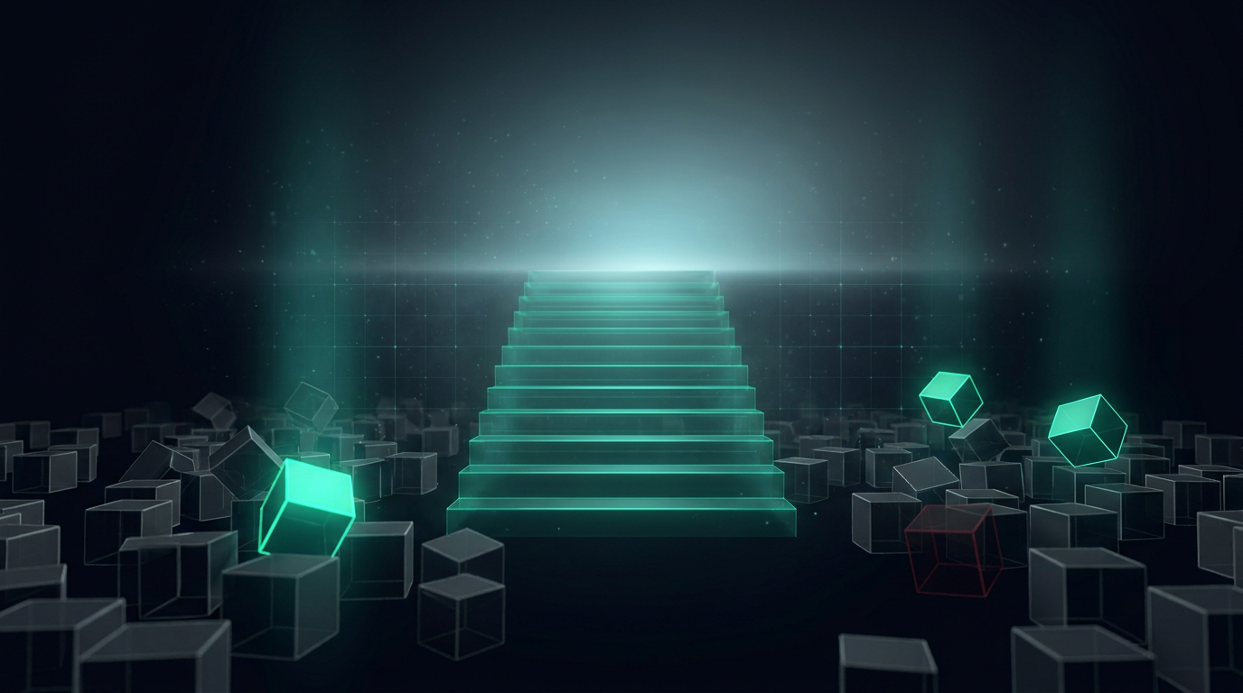 A cinematic conceptual render of a wide staircase of glowing emerald teal steps ascending toward a bright horizon, flanked by a dense field of dim gray wireframe blocks with only a handful lifted and lit in emerald, in deep navy darkness
