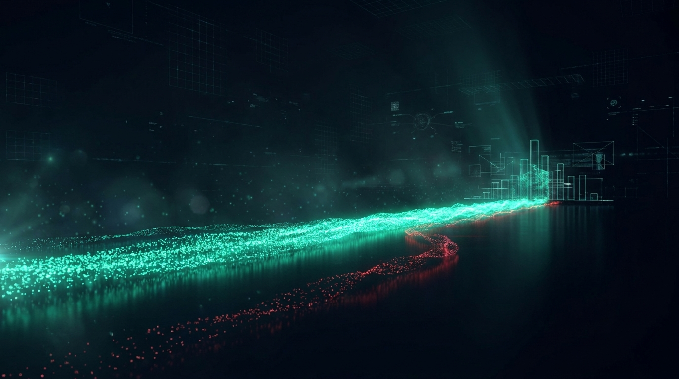 A cinematic conceptual render of a wide river of emerald teal particles streaming across a dark reflective floor and splitting into a thick bright current and a thin faltering crimson one, converging toward a distant wireframe readout in deep navy darkness