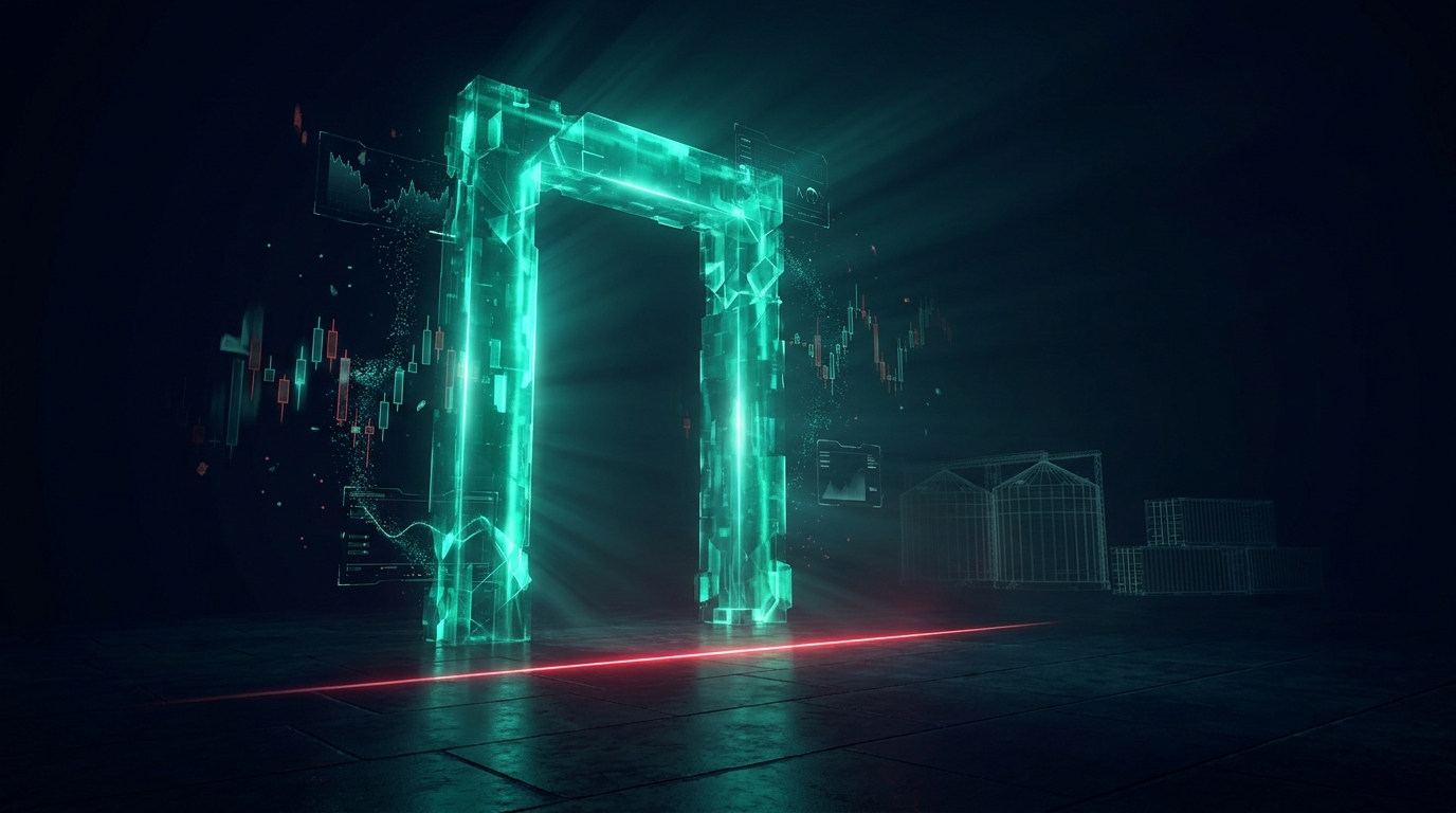 A cinematic conceptual render of a towering gateway arch of emerald teal light standing in a vast dark hall with a hard luminous threshold line drawn across the floor in front of it