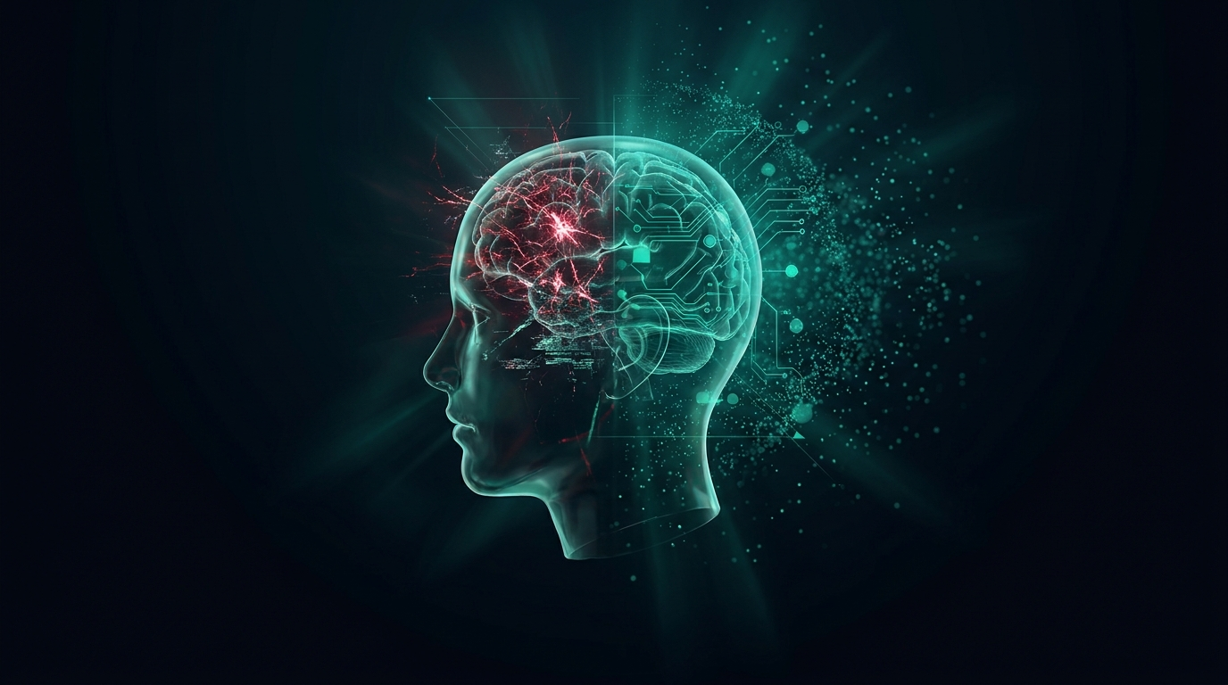 A cinematic conceptual render of a translucent glass human head with chaotic crimson neural sparks on one side and ordered emerald teal circuit traces on the other, a soft cloud of scattered teal points diffusing outward