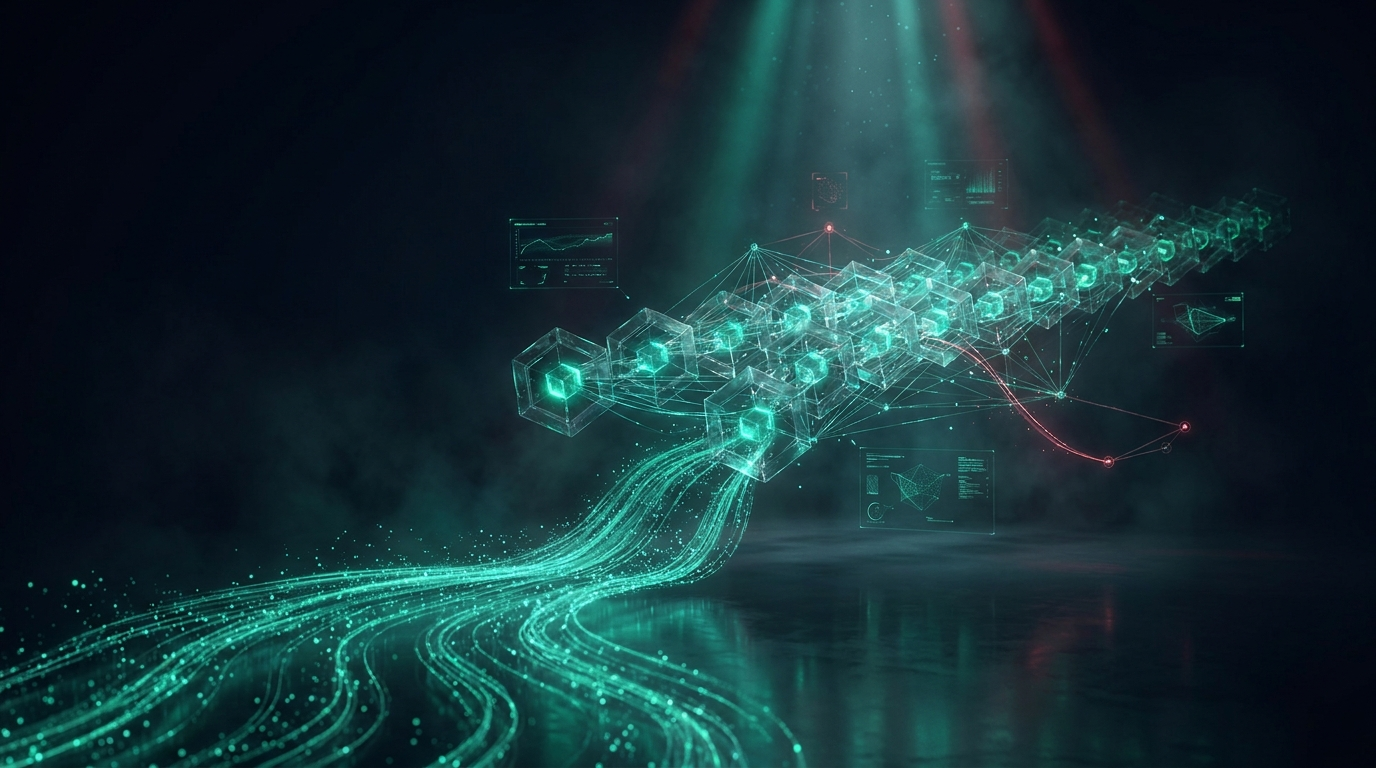 A cinematic conceptual render of a river of emerald teal particles flowing across a dark floor and resolving into a transparent lattice of interlinked glowing hexagonal blocks