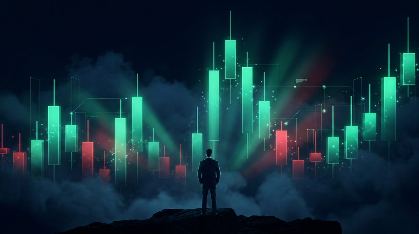 A cinematic conceptual render of a nocturnal city skyline built from towering three dimensional candlestick shapes glowing emerald teal with a few crimson towers, a lone suited figure small in frame looking out from a dark ledge