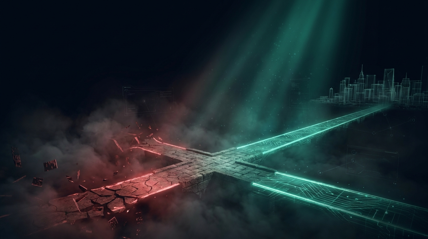 A cinematic conceptual render of two glowing paths diverging in a dark empty space, the left crimson and cracked and dissolving into fog, the right emerald teal and orderly climbing toward a distant wireframe skyline