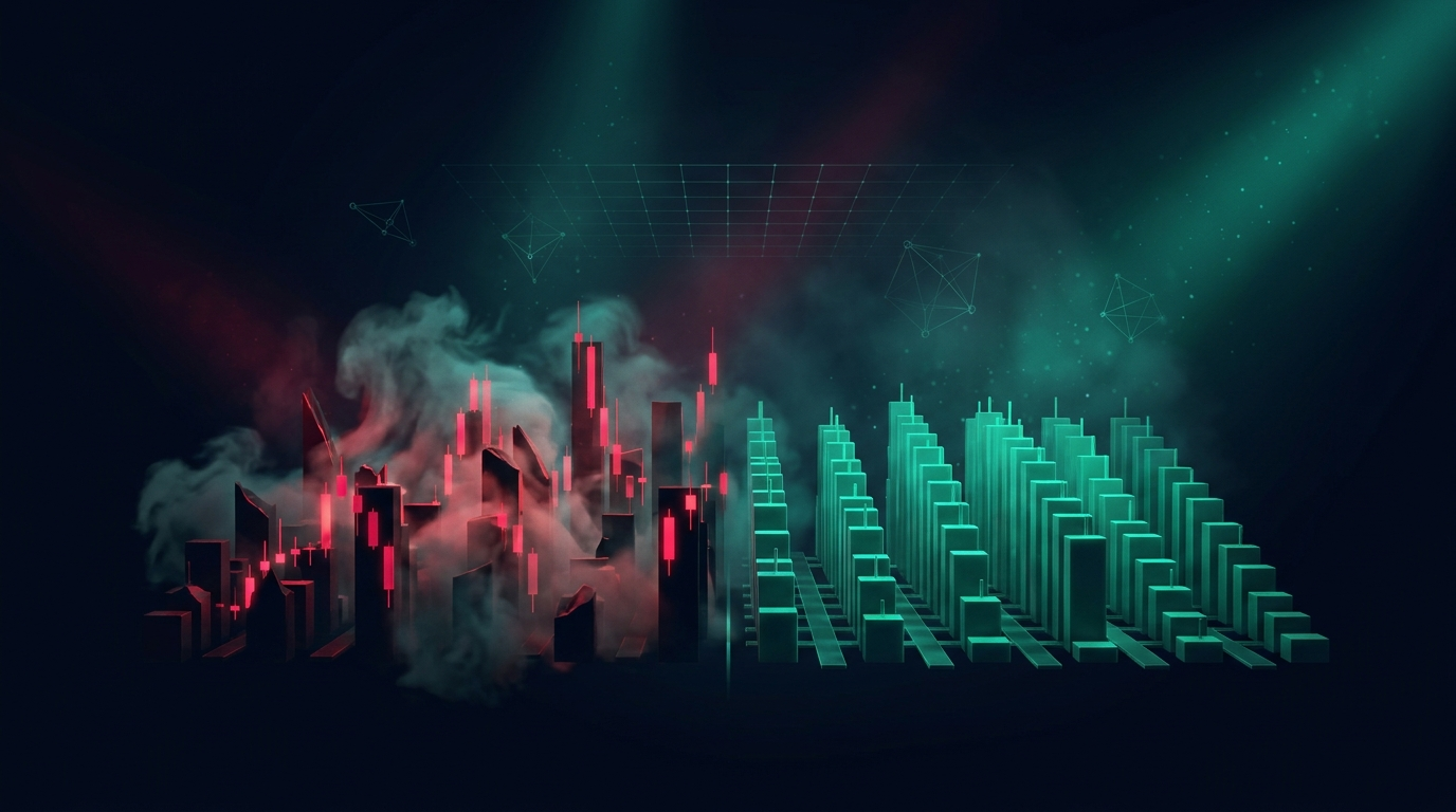 A cinematic conceptual render of a nocturnal skyline built from candlestick towers, a chaotic crimson district of wildly uneven towers on one side and an orderly district of evenly stepped emerald teal towers on the other