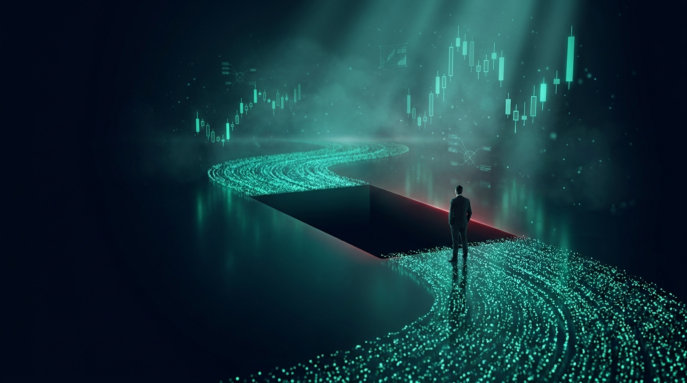 A cinematic conceptual render of a wide river of emerald teal light particles flowing across a dark floor with one stark rectangular void torn through the middle of the stream, a lone suited figure standing small at its edge