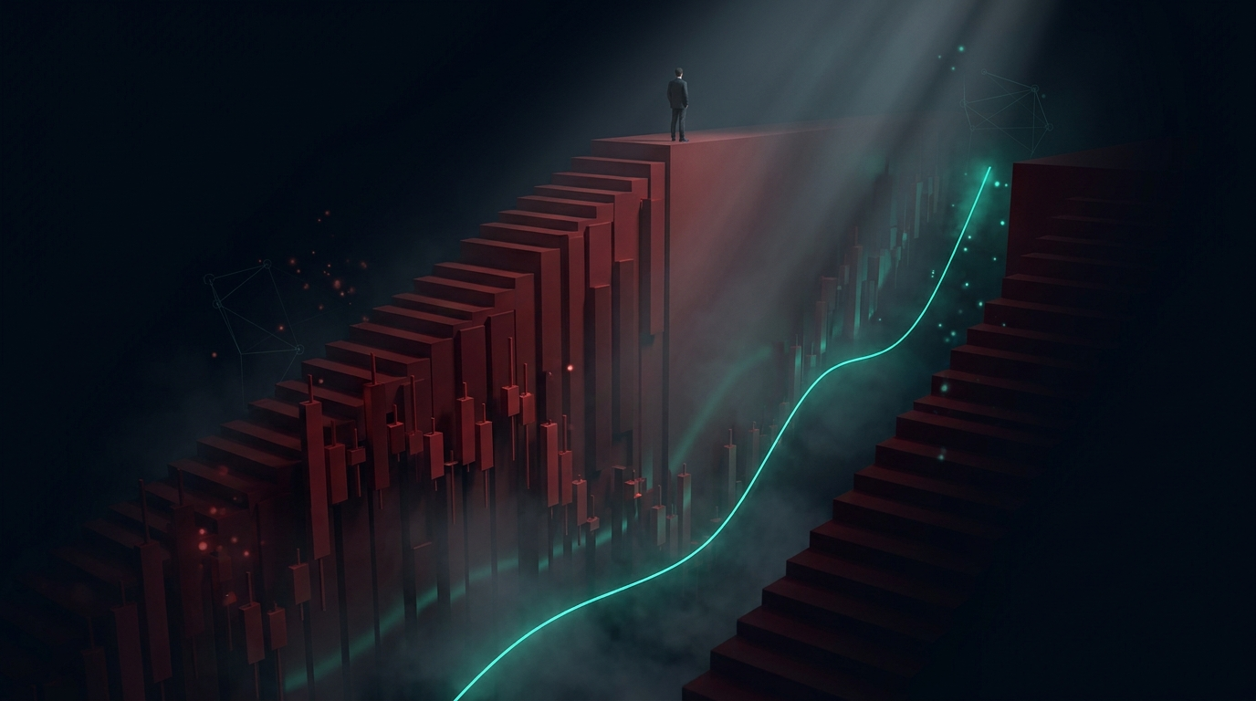 A cinematic conceptual render of a deep canyon of descending crimson candlestick blocks with a single thin emerald teal line of light tracing the floor and climbing the far wall, a lone suited figure small at the rim