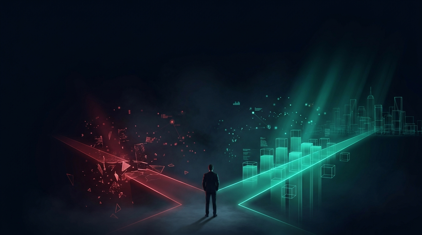 A lone figure seen from behind standing at the split of two diverging glowing paths, one crimson and crumbling away into darkness, the other emerald and rising steadily upward
