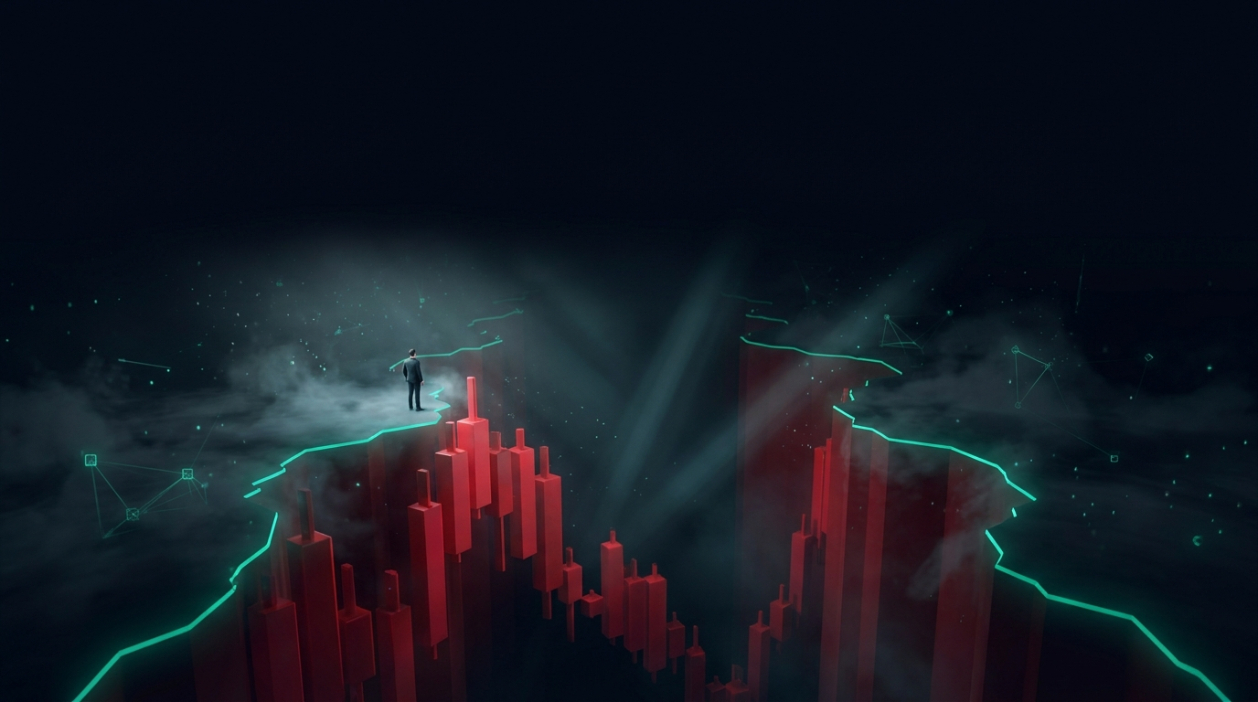 A lone figure standing at the edge of a canyon formed by enormous descending crimson candlestick columns that step down and widen into darkness, with a thin emerald line tracing the canyon wall