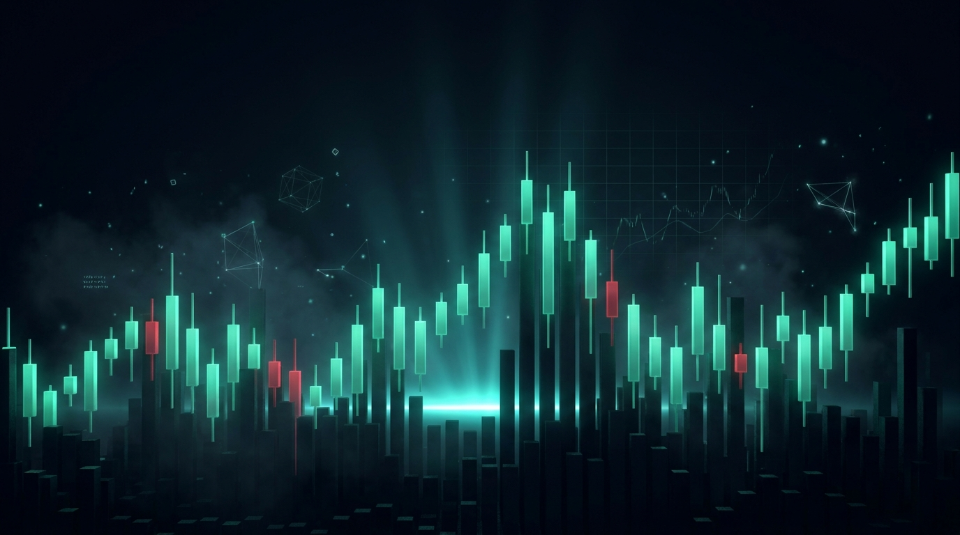 A nocturnal city skyline rendered as towers of glowing emerald green candlesticks rising out of a dark navy haze, lit from within like a financial district after dark