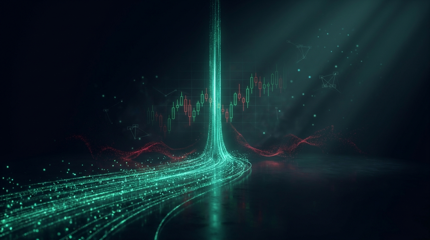A cinematic conceptual render of a wide river of emerald green particles streaming across a dark floor and converging tightly onto one narrow vertical pillar of light, as if the entire flow has been pinned to a single exact point