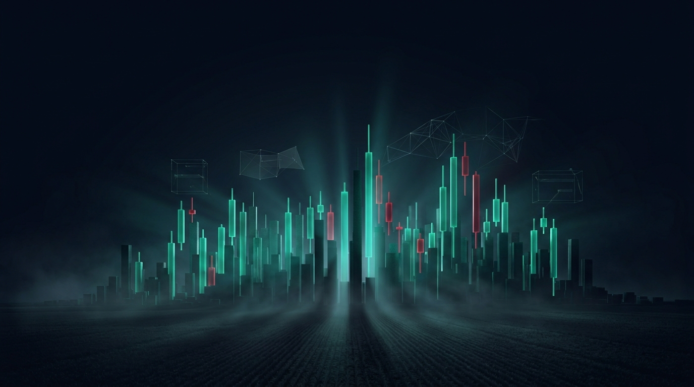 A nocturnal skyline of towering emerald candlestick columns rising from a dark furrowed plain, with a few crimson towers and low volumetric fog