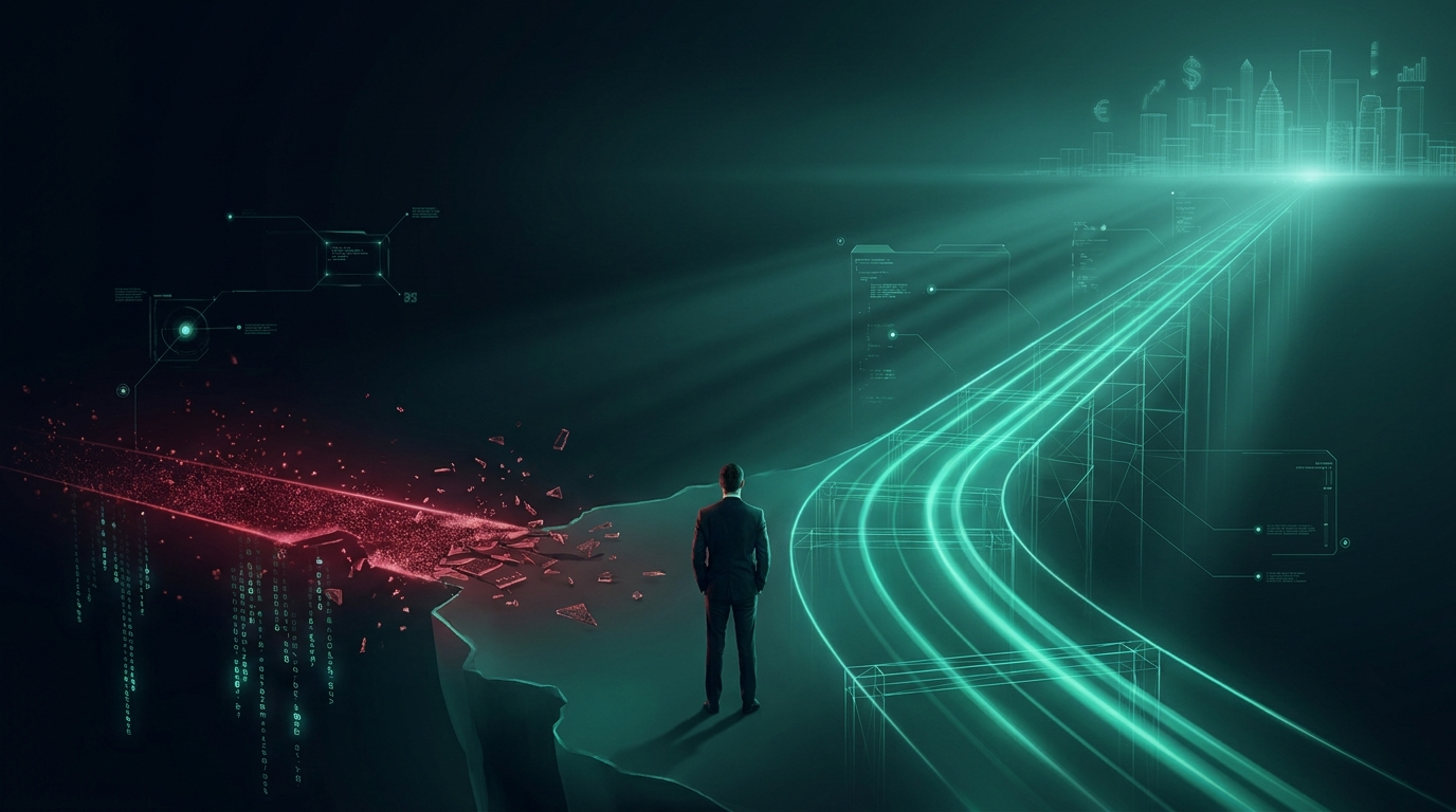 A lone suited figure seen from behind at the split of two glowing paths, a short crimson one ending in crumbling data and a long emerald corridor climbing toward a bright horizon