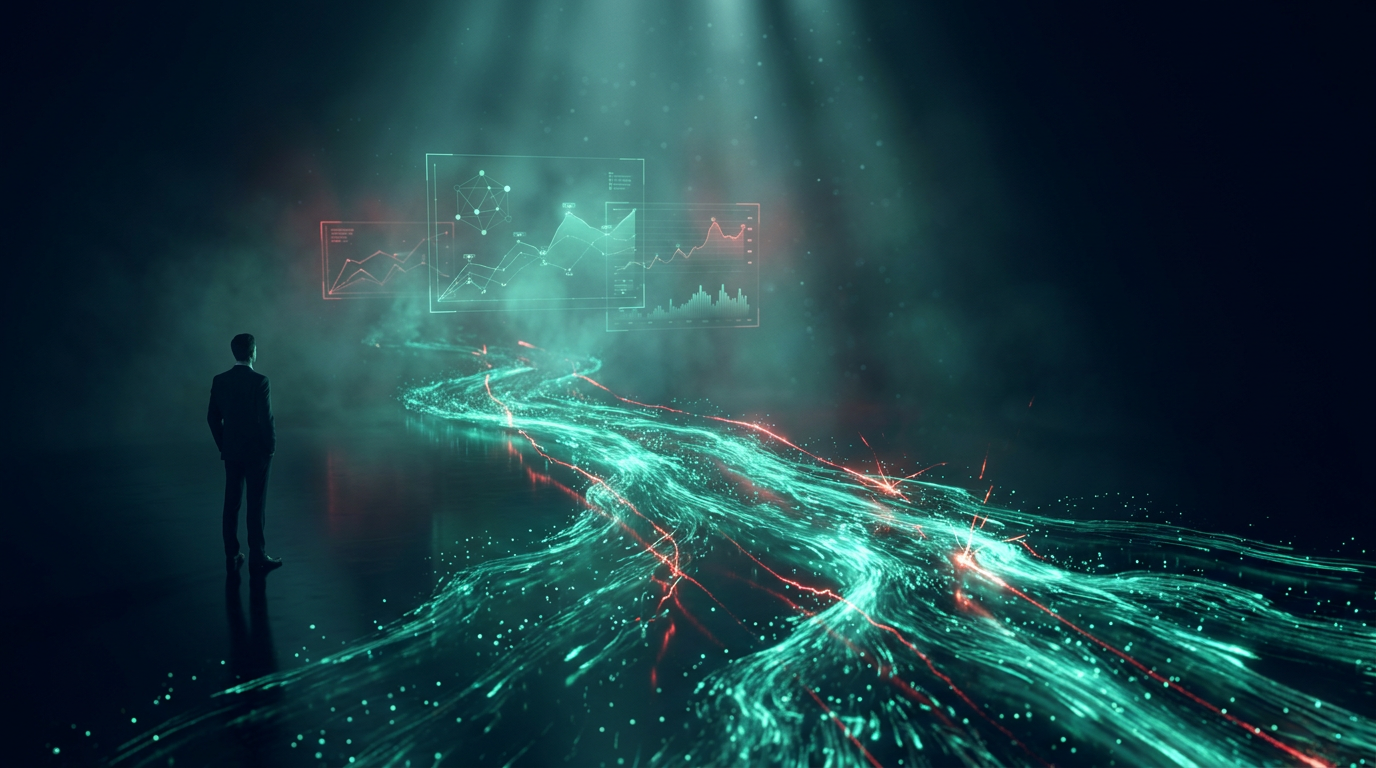 A surging river of emerald light particles racing across a dark reflective floor with crimson threads cutting against the flow, and a small suited figure watching from one side