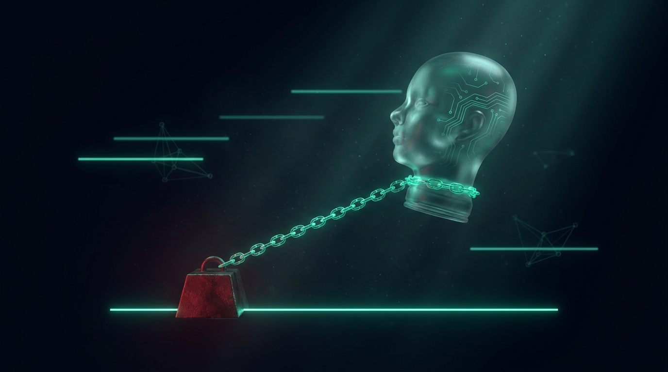 A translucent glass human head in profile tethered by a glowing chain to a single crimson weight resting on one fixed emerald price line, while other emerald lines drift freely past