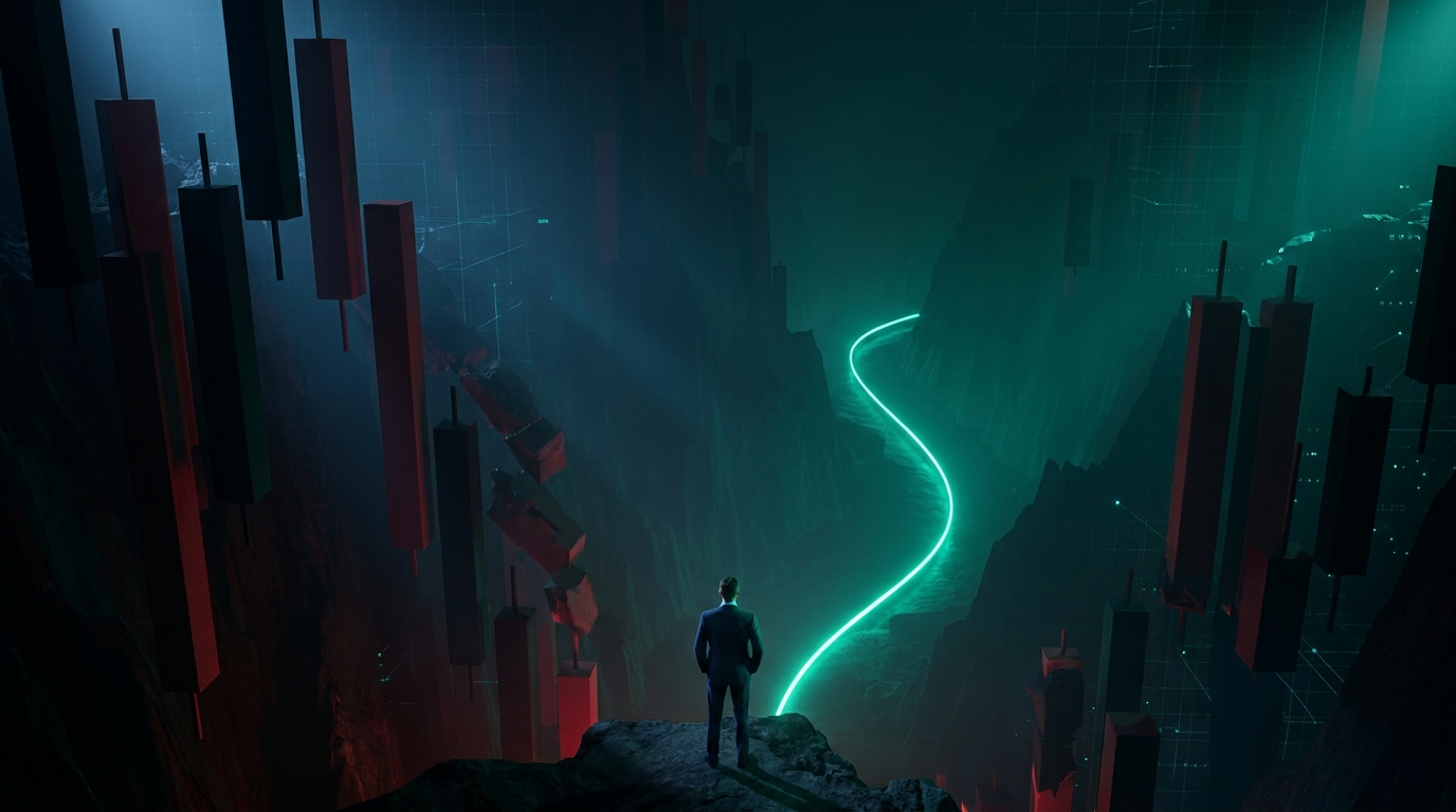 A lone suited figure seen from behind at the edge of a canyon built from descending crimson candlestick blocks, with a thin emerald line of light tracing the canyon floor