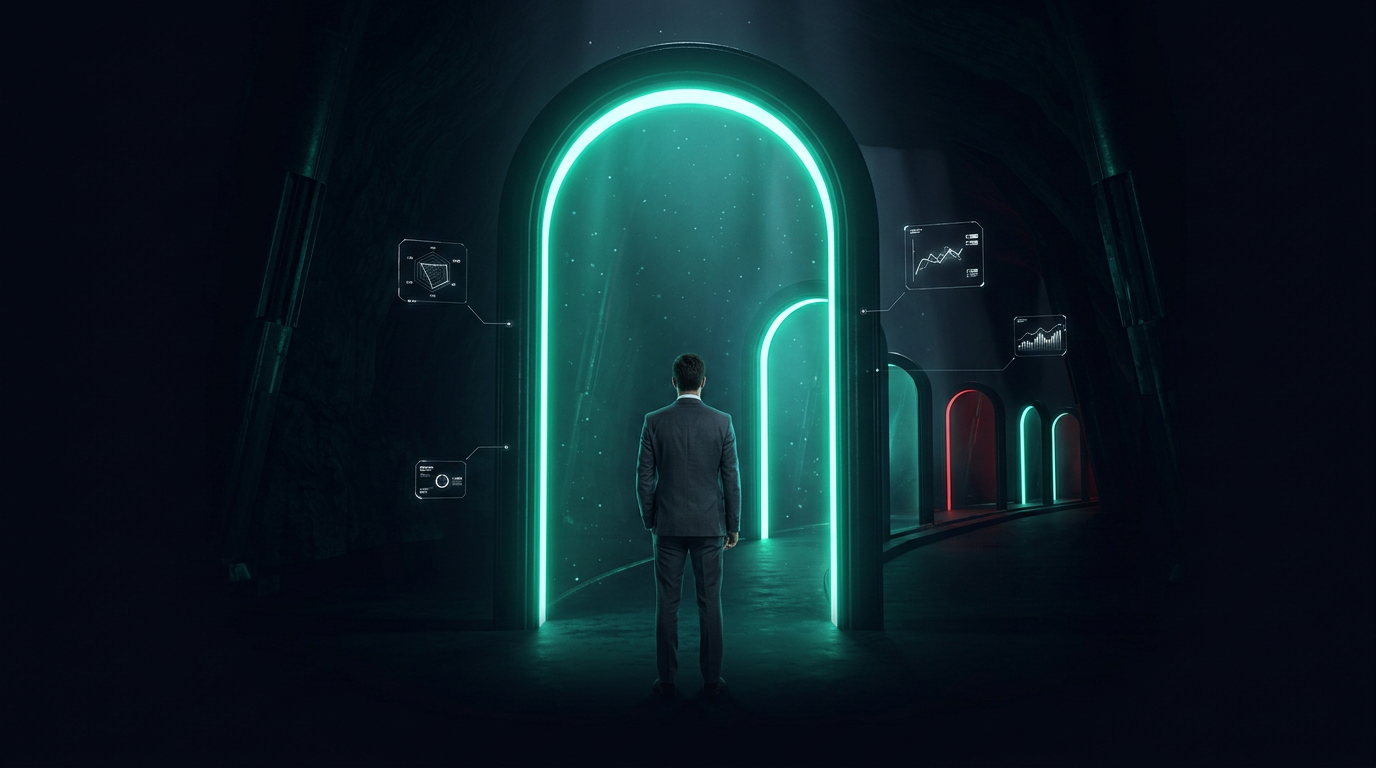 A lone suited figure seen from behind before a towering emerald arch of light, with a receding row of gateway thresholds behind it and only a limited number still illuminated