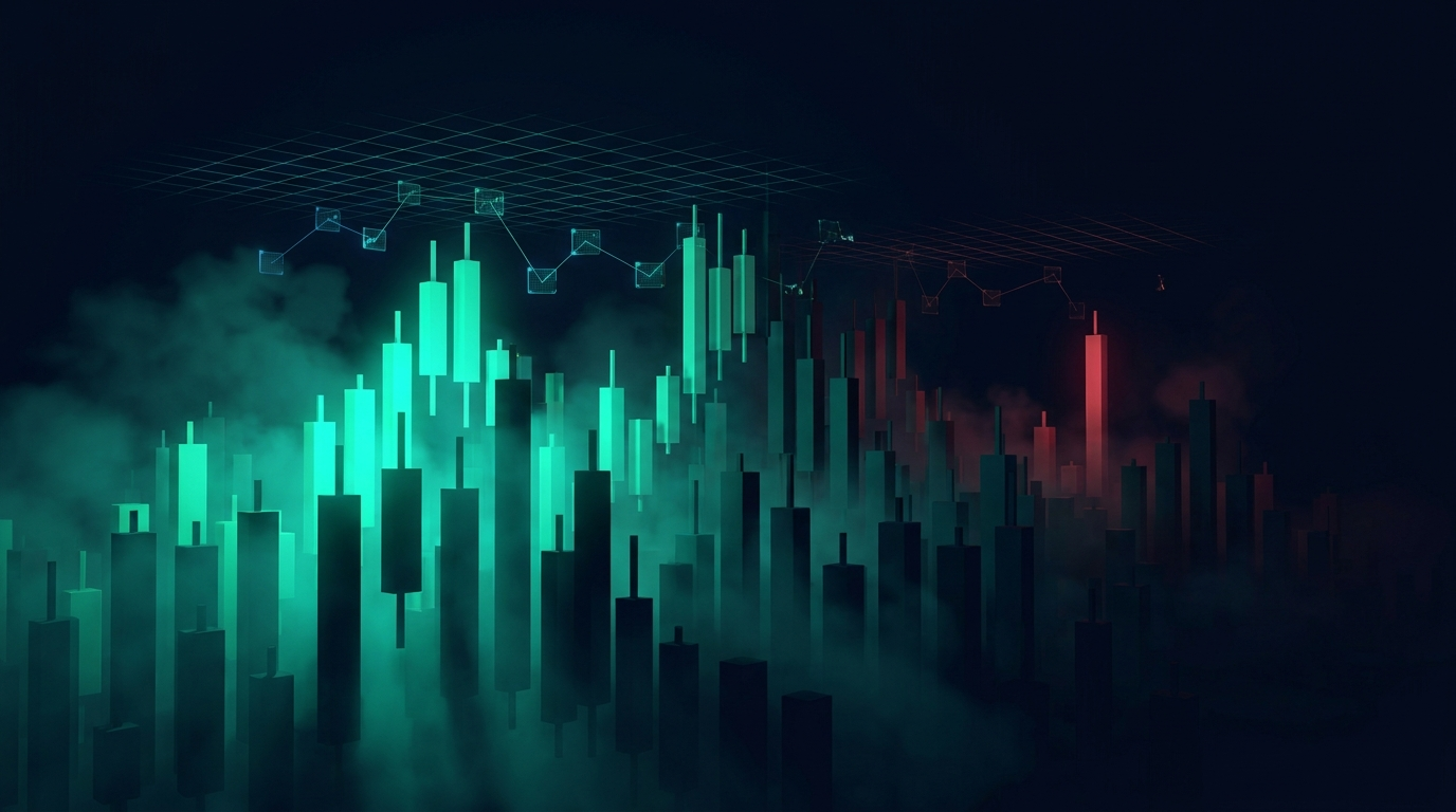 A nocturnal skyline of towering candlestick blocks, the near half lit in bright emerald and the far half fading into night with a few crimson towers still glowing through volumetric fog