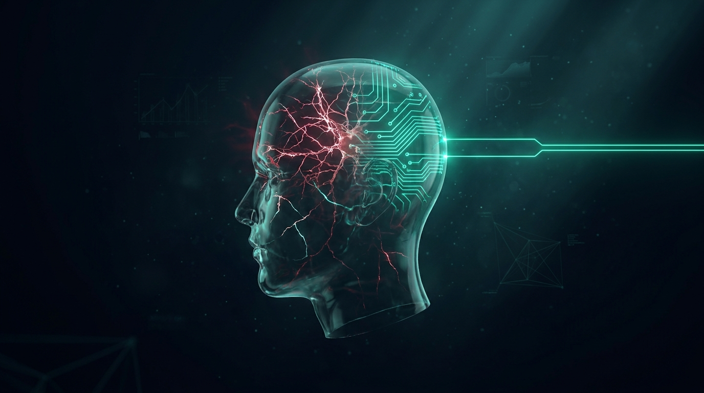 A translucent glass head in profile, one side fracturing with crimson sparks and the other wired with calm emerald circuit traces resolving into a steady line