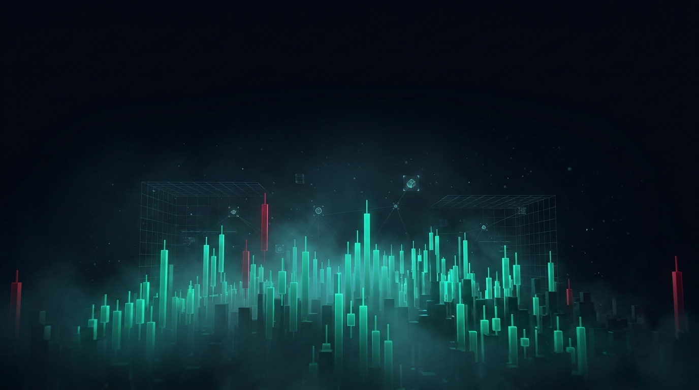 A nocturnal skyline built from towering emerald-teal candlestick columns densely packed at the center and thinning at the edges, with a few red towers, representing open positions concentrated in the front month