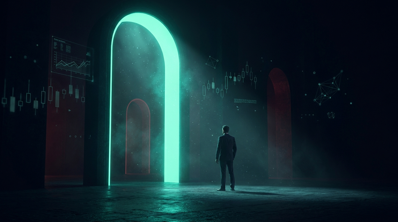 A lone suited figure seen from behind facing a towering emerald archway of light in a dark hall, with a dimmer red-edged archway behind, representing the choice to reset an account and start again