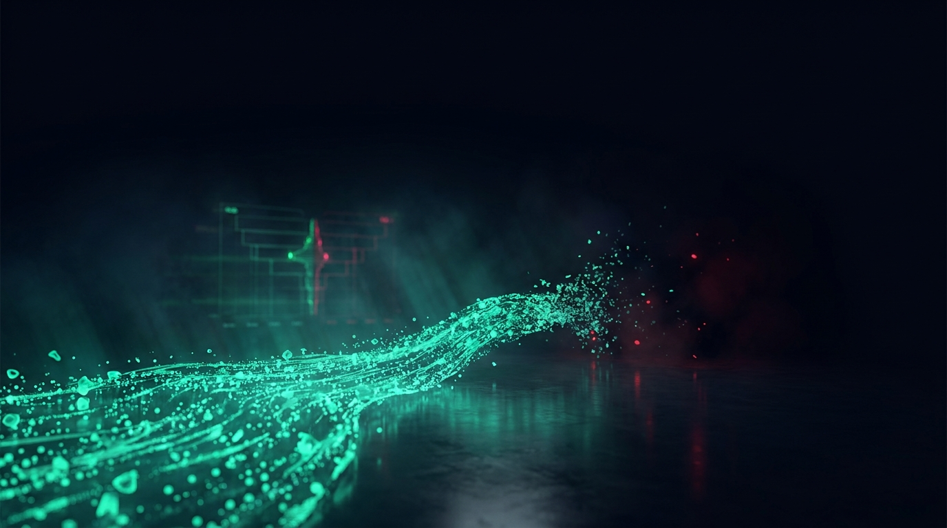 A river of emerald-teal particles flowing across a dark floor that thins and fragments into scattered motes before reaching the far side, representing altcoin liquidity draining away