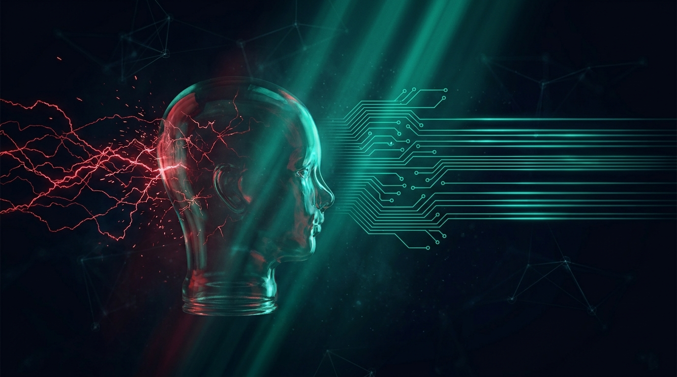A translucent glass head in profile with chaotic red static entering one side and clean ordered emerald-teal circuit traces leaving the other, representing noise being filtered into signal