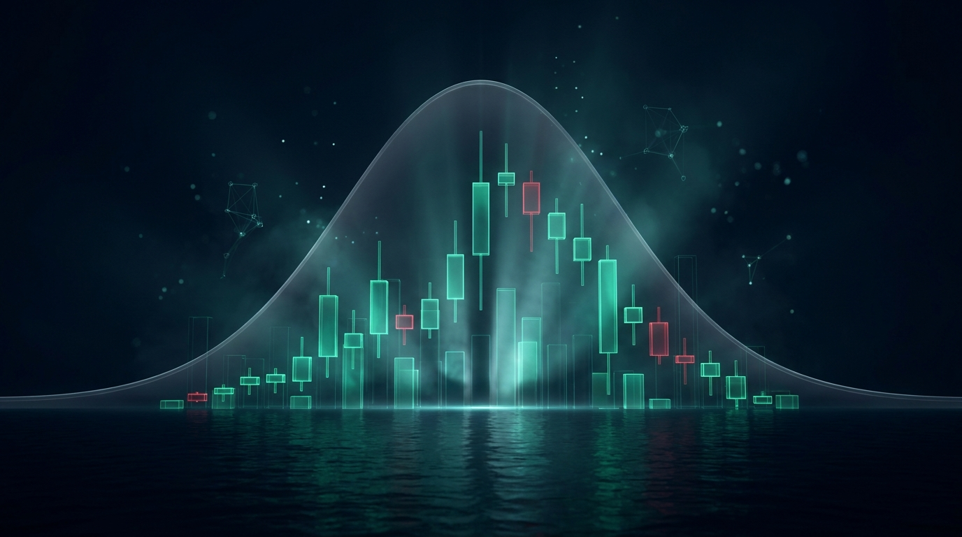 A nocturnal skyline of tall emerald-teal candlestick towers with a few crimson ones, seen across dark water beneath a soft translucent bell-shaped dome of light