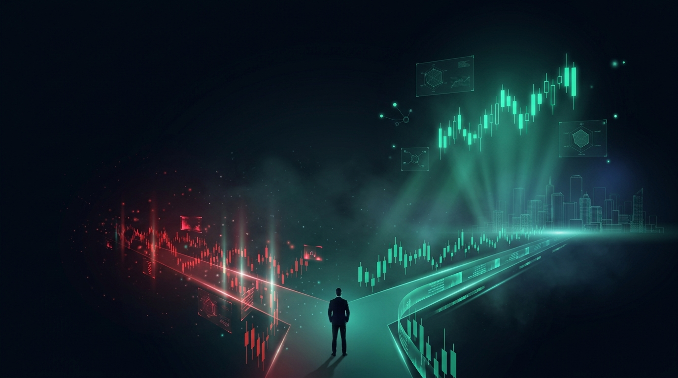 A lone suited figure seen from behind at the fork of two glowing pathways, a fast crimson corridor of short candlesticks on one side and a calmer emerald walkway of longer candles on the other
