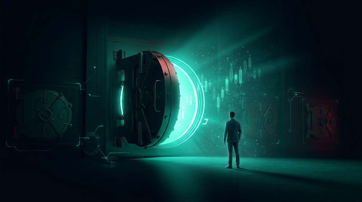 A massive circular bank vault door standing open in a dark hall with emerald-teal light spilling out, three smaller secondary vault doors set into the wall beside it, and a lone suited figure seen from behind