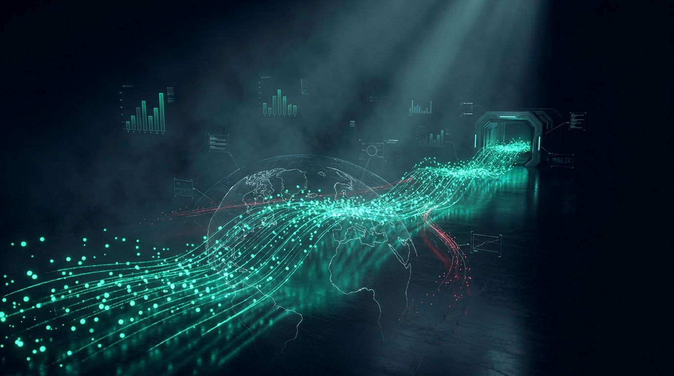 A river of emerald-teal luminous particles flowing across a dark reflective floor over a faint wireframe globe and converging into a glowing terminal portal