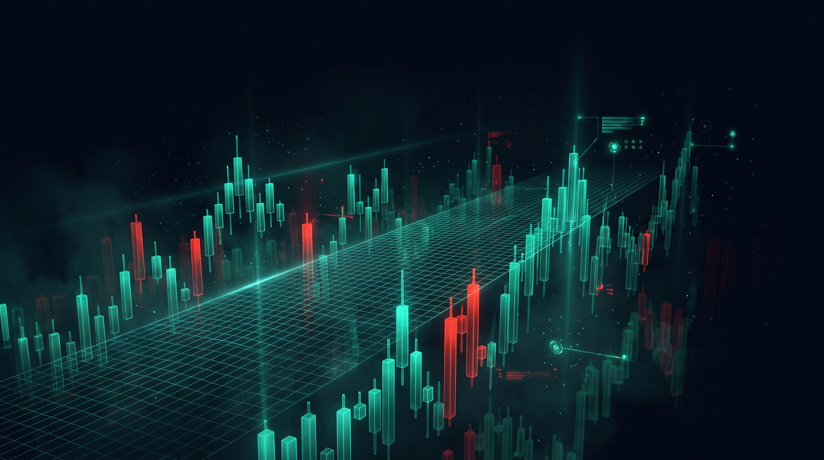 A nocturnal skyline built from tall emerald-teal candlestick towers with a translucent wireframe scanning plane sweeping backward across them, leaving ghosted duplicates behind