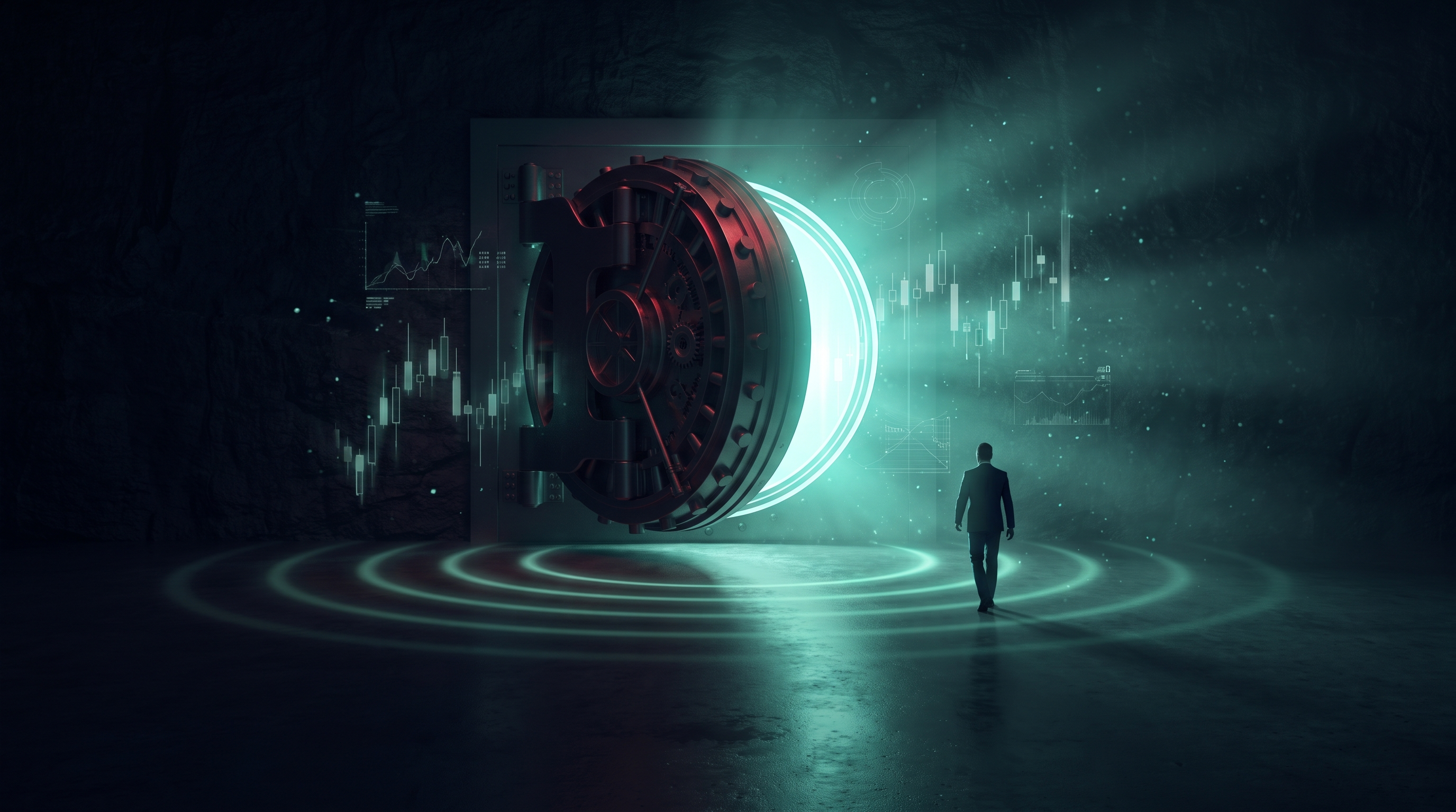 A massive circular vault door opening in a dark hall with emerald-teal light spilling out in slow concentric ripple rings, a lone figure walking toward it