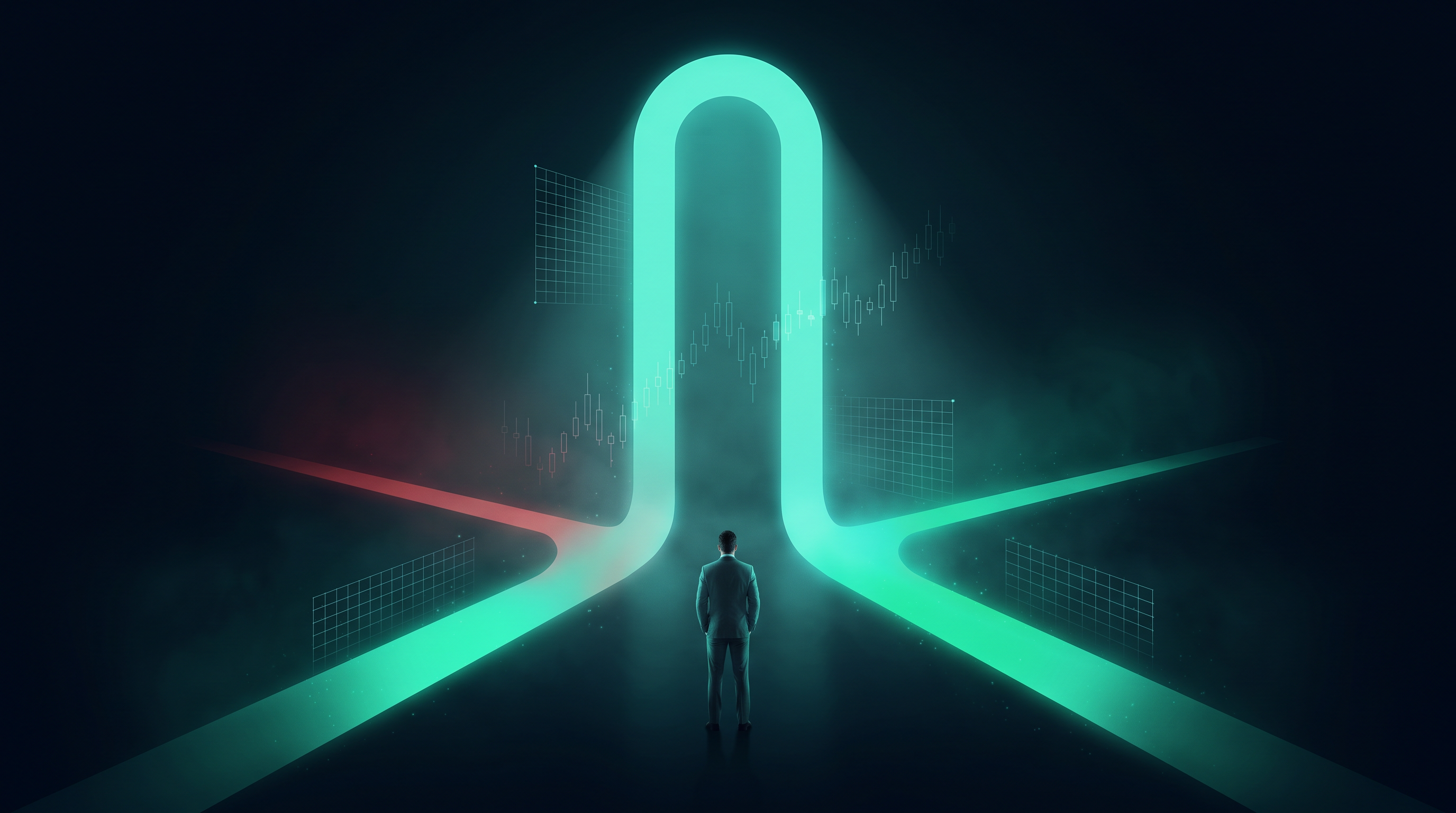 Four glowing emerald-teal light corridors of different widths converging into one towering luminous archway, with a lone figure standing small in the foreground